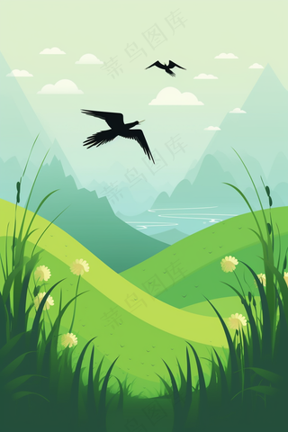 春天湿地绿意万物生长大雁绿色卡通插画背景