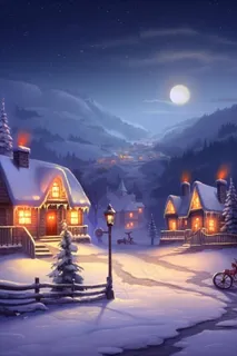 雪景夜晚小屋圣诞雪路背景