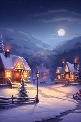 雪景夜晚小屋圣诞雪路背景