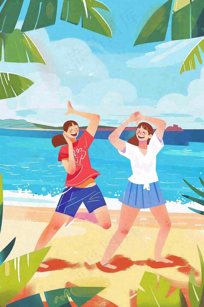夏至海边沙滩度假玩乐小暑大暑节气插画背景(896x1344)