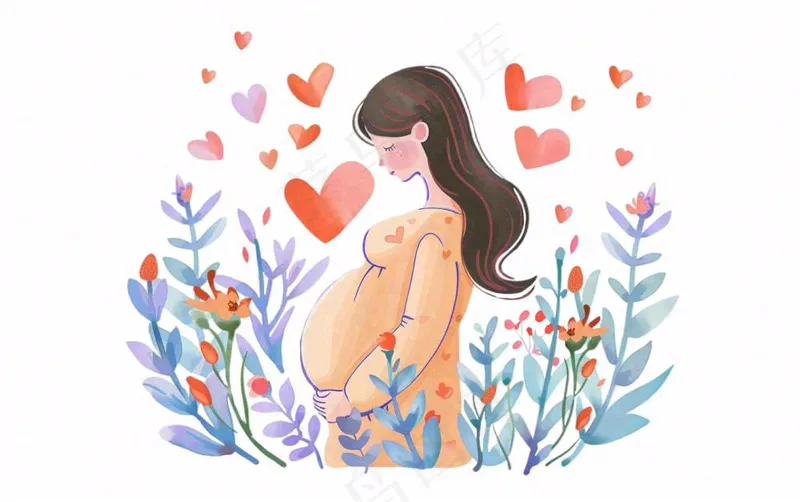 孕妇妈妈育儿鲜花拥促人物卡通插画免抠(1376x864)