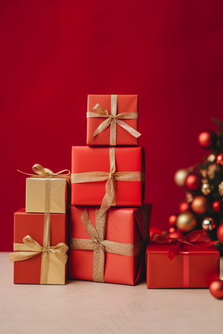新年节日礼物红色礼盒摄影图