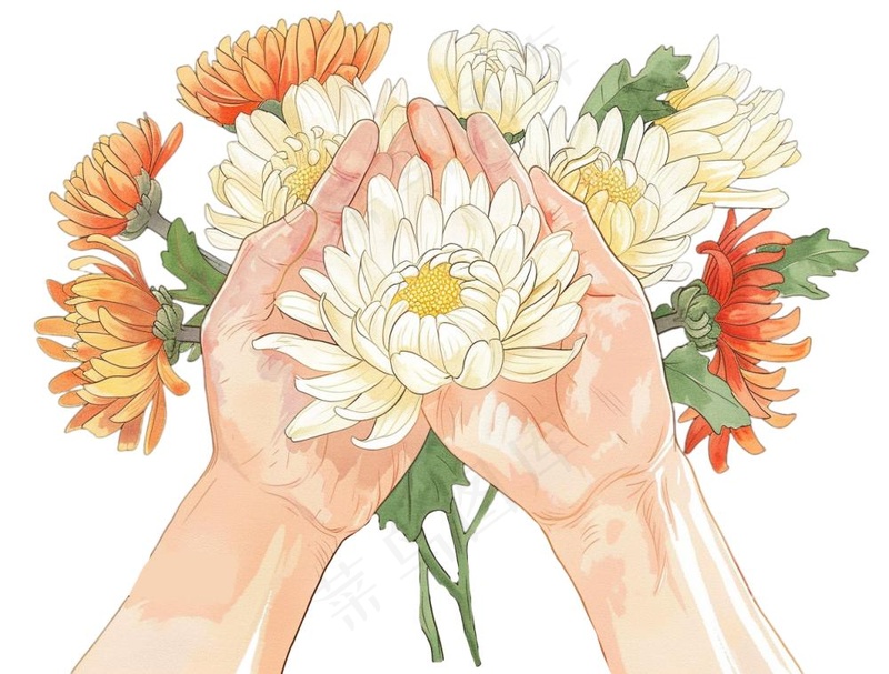 手捧菊花清明节卡通插画免抠(1264x960)