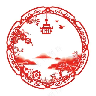 中式红色圆形贴纸窗花插画免抠