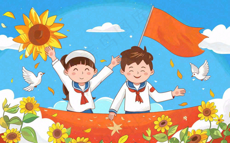 红色国庆节少先队员旗帜向日葵插画十一国庆节插画背景(1392x864)