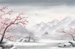 冬季山水梅花山峰水墨画中国风插画背景