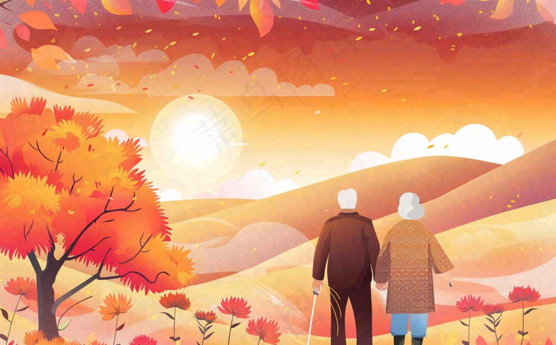 重阳节黄昏老人登高望远背影卡通插画背景(1392x864)