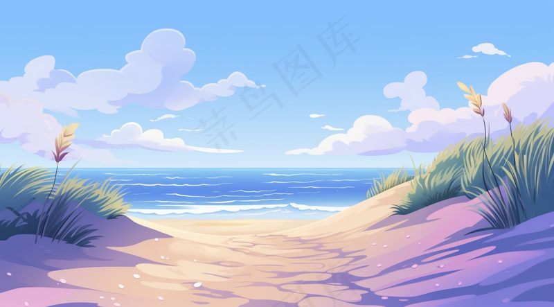 夏日海滩海风海浪卡通插画背景(4416x2448)