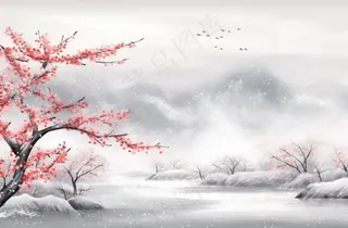 冬季山水梅花山峰水墨画中国风插画背景