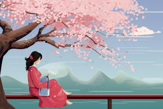 春天樱花树下的女生人物卡通插画背景