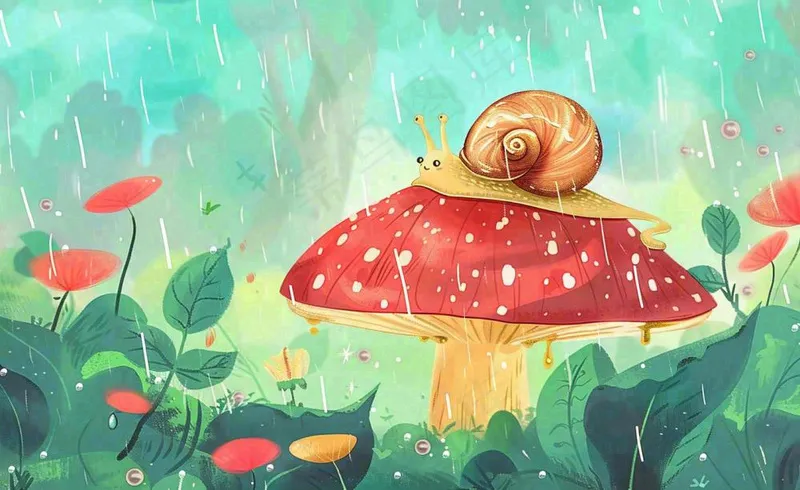 春天雨水蘑菇上的蜗牛森林惊蛰谷雨插画背景(1408x864)