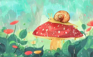 春天雨水蘑菇上的蜗牛森林惊蛰谷雨插画背景