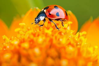 七星瓢虫在菊花上花朵摄影图