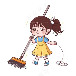 扫地的小女孩搞卫生劳动卡通插画免抠