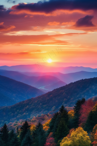 夕阳落日山顶俯瞰群山山川连绵晚霞余晖摄影图