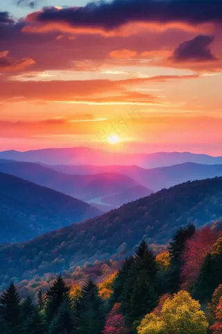 夕阳落日山顶俯瞰群山山川连绵晚霞余晖摄影图