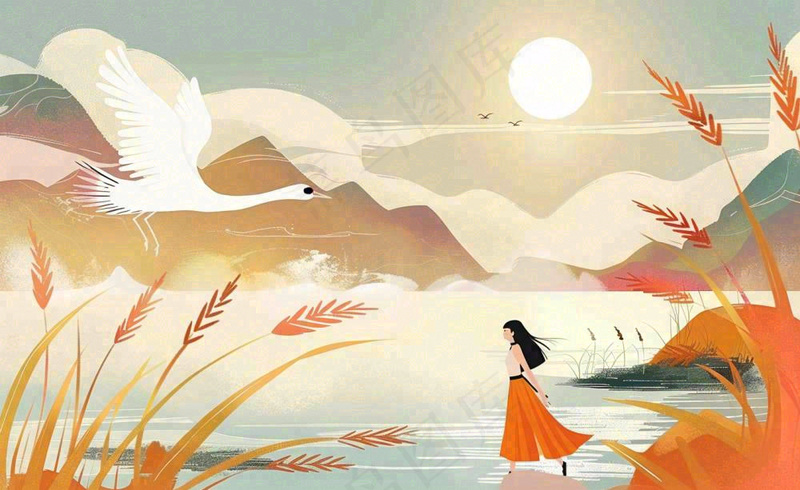 秋天夕阳下山水飞鹤女孩芦苇白露寒露插画背景(1408x864)