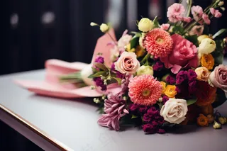 手捧花桌上的花束摄影图