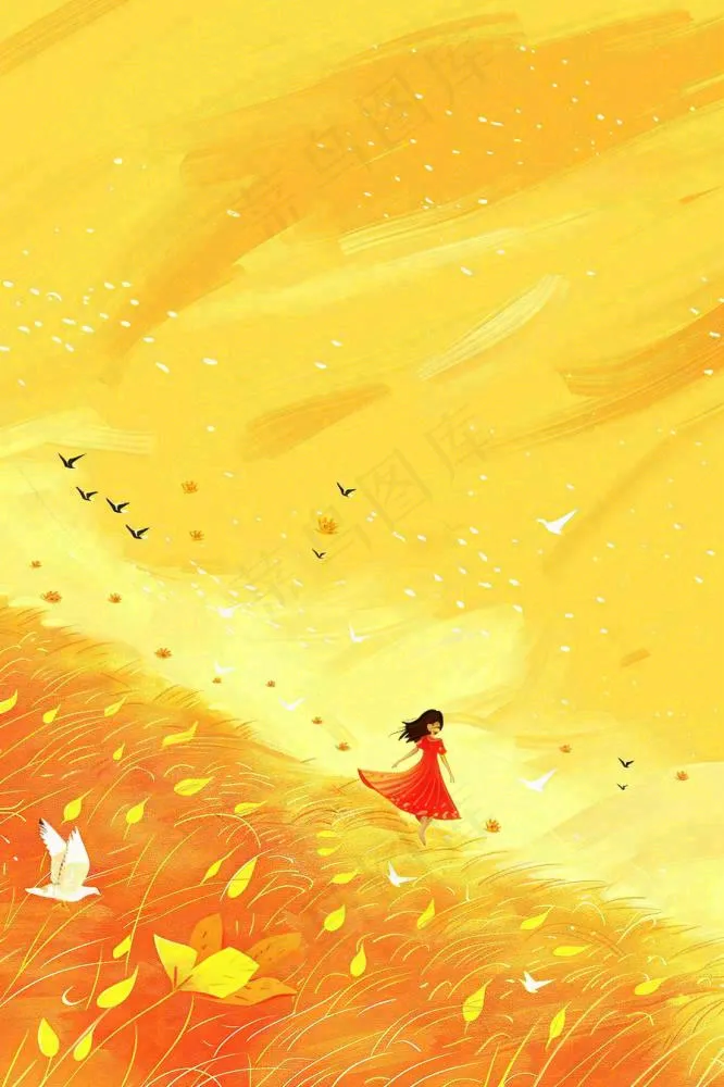 秋天金黄背景花丛红裙子少女白鹭立秋秋分白露插画背景(896x1344)