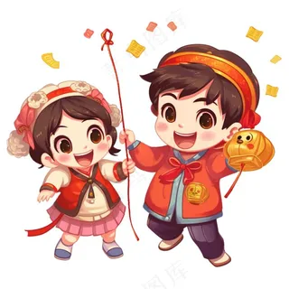 新年儿童拜年张灯结彩国潮春节红色手绘卡通插画免抠