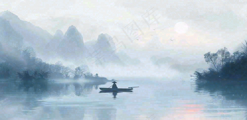 中国风意境水墨山水风景插画背景(1568x768)