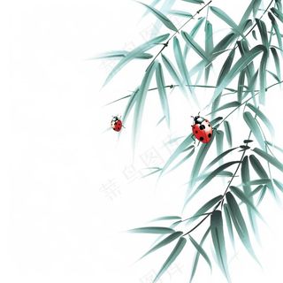 竹叶上的昆虫翠绿水墨中国风插画免抠