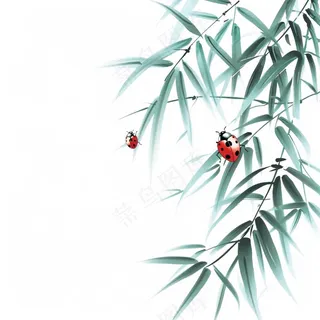 竹叶上的昆虫翠绿水墨中国风插画免抠
