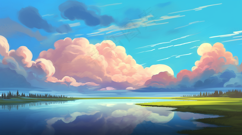 春夏落日余晖草原湖泊卡通插画背景(4368x2448)