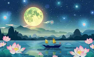 中秋夜晚赏月荷花山水河流中的帆船舟月亮倒映水面中元节寒露插画背景