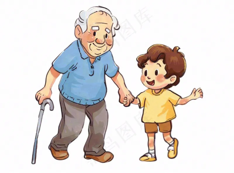 孙子牵着爷爷孝敬老人陪伴亲情人物卡通插画免抠(1280x944)