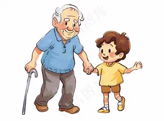 孙子牵着爷爷孝敬老人陪伴亲情人物卡通插画免抠
