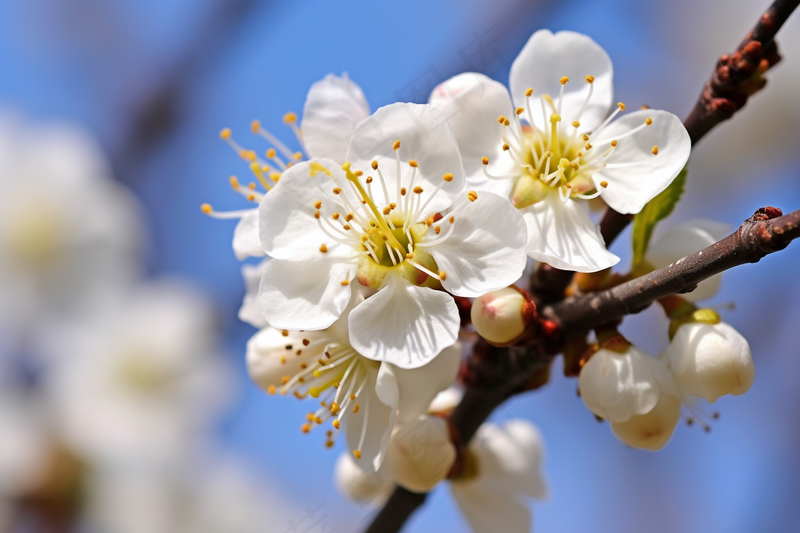 白梅冬季李子花梨花春天树枝抽新芽摄影图