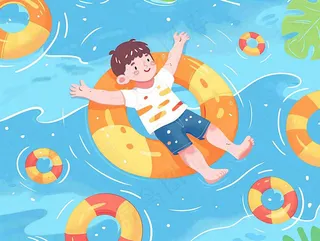 夏天游泳泳池人物游泳男孩蓝色背景泳圈夏日运动小暑大暑夏至立夏卡通插画背景