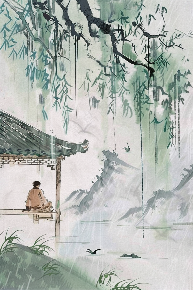水墨江南凉亭下的诗人阴雨连绵插画背景(2688x4032)