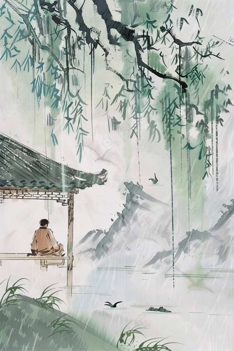 水墨江南凉亭下的诗人阴雨连绵插画背景(2688x4032)