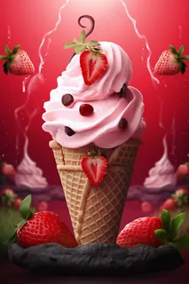 草莓冰淇淋球甜点蛋筒摄影图