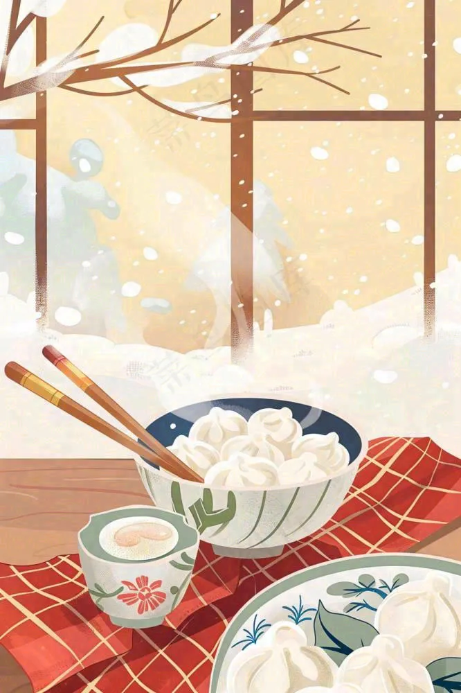 冬至吃饺子中国传统美食节日插画背景(896x1344)