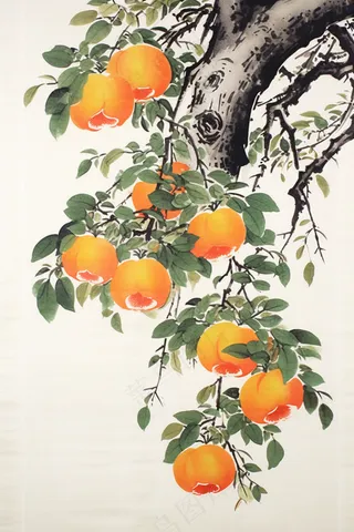 国画柿子橙子树枝水墨画素材背景