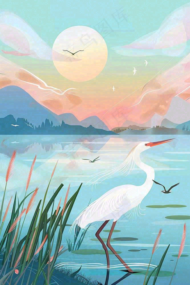 秋日芦苇荡的白鹭湖泊山水日落白露寒露插画背景(896x1344)