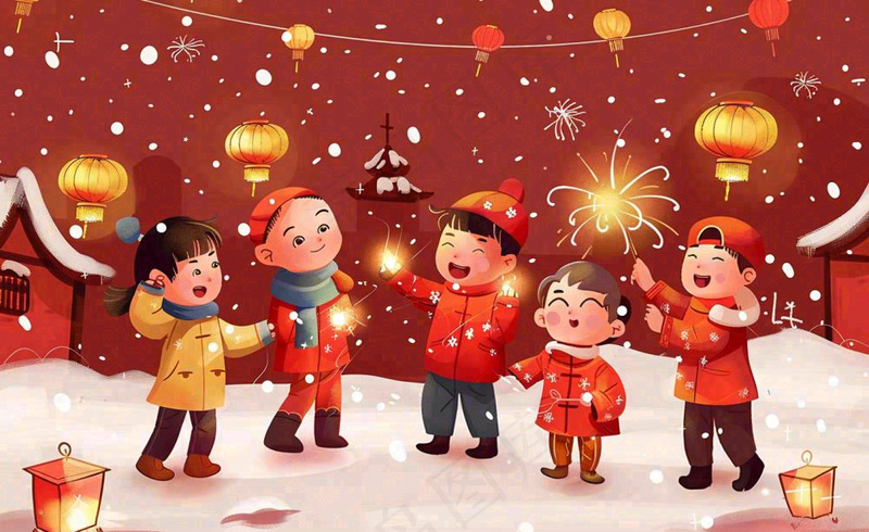 卡通新年除夕夜孩童放烟花鞭炮团聚喜庆春节插画过年背景