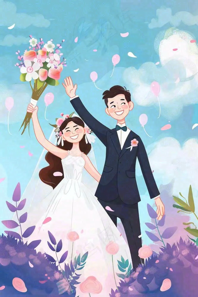 婚礼典礼的夫妻恋人唯美浪漫温馨七夕情人节卡通插画背景(896x1344)