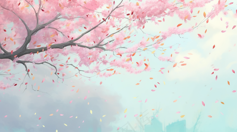 春天樱花桃花树粉色花瓣飘落卡通插画背景(4368x2448)