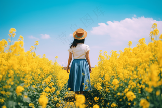 春天油菜花田女孩背景摄影图