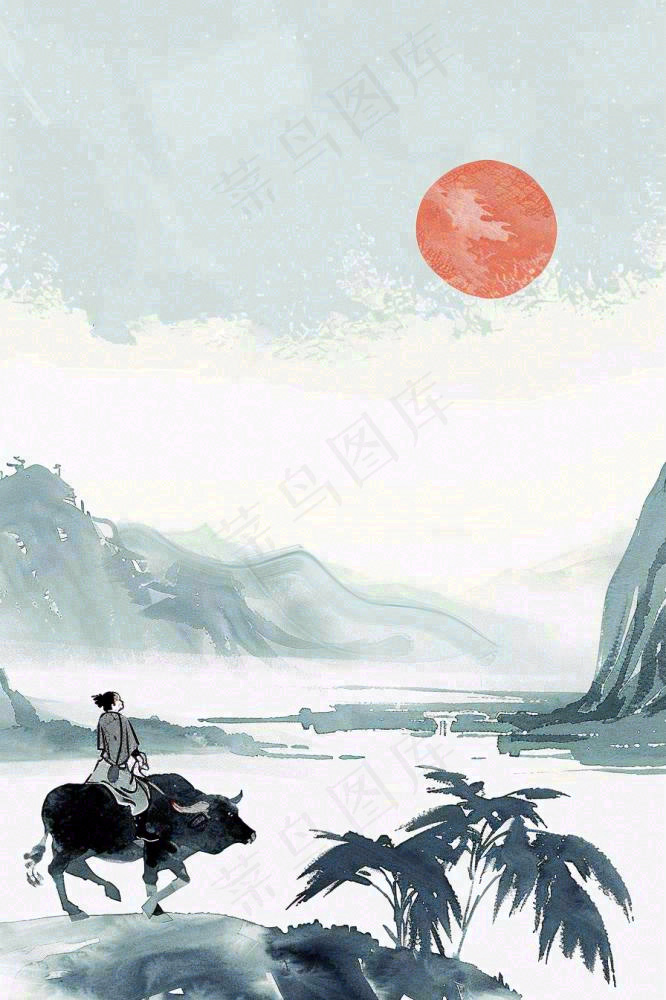 清明牧童人水墨画山水插画背景