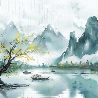 中国风水墨画江南水乡山水画天青色烟雨天清明端午雨水背景