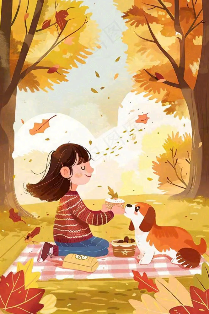 秋天野外露营野餐女孩小狗落叶黄大地立秋秋分插画背景(896x1344)