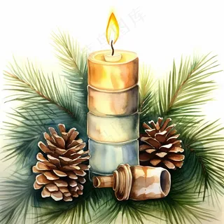 蜡烛松针松果水彩插画插图背景