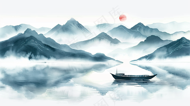 水墨山水画小船河面山川连绵国画插画背景(4368x2448)