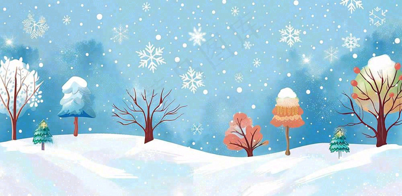 冬天大雪纷飞山上树上白雪覆盖小雪冬至大寒卡通插画背景(1568x768)
