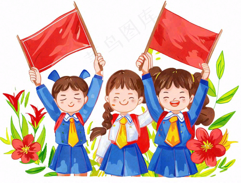 学生举着旗帜红旗青少年青年祖国花朵国庆人物卡通插画免抠(1264x960)